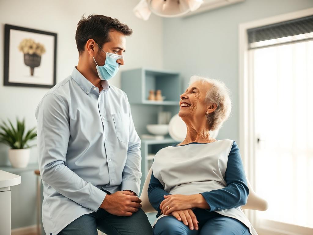 Dentista conversando com paciente em consulta
