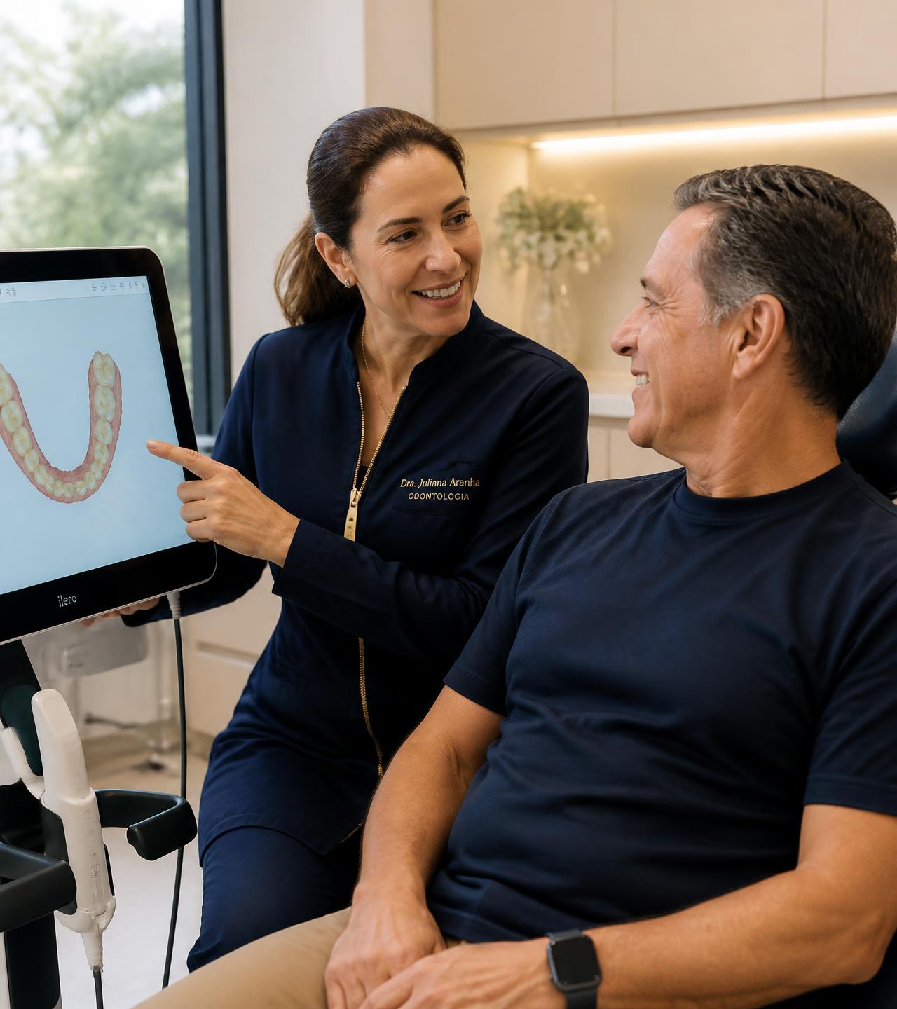 Dentista apresentando o escaneamento digital do sorriso para um paciente adulto